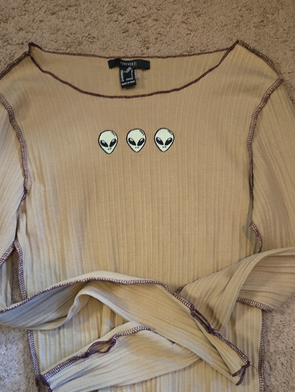Forever 21 Beige Ribbed Long Sleeve Top with Alien Faces